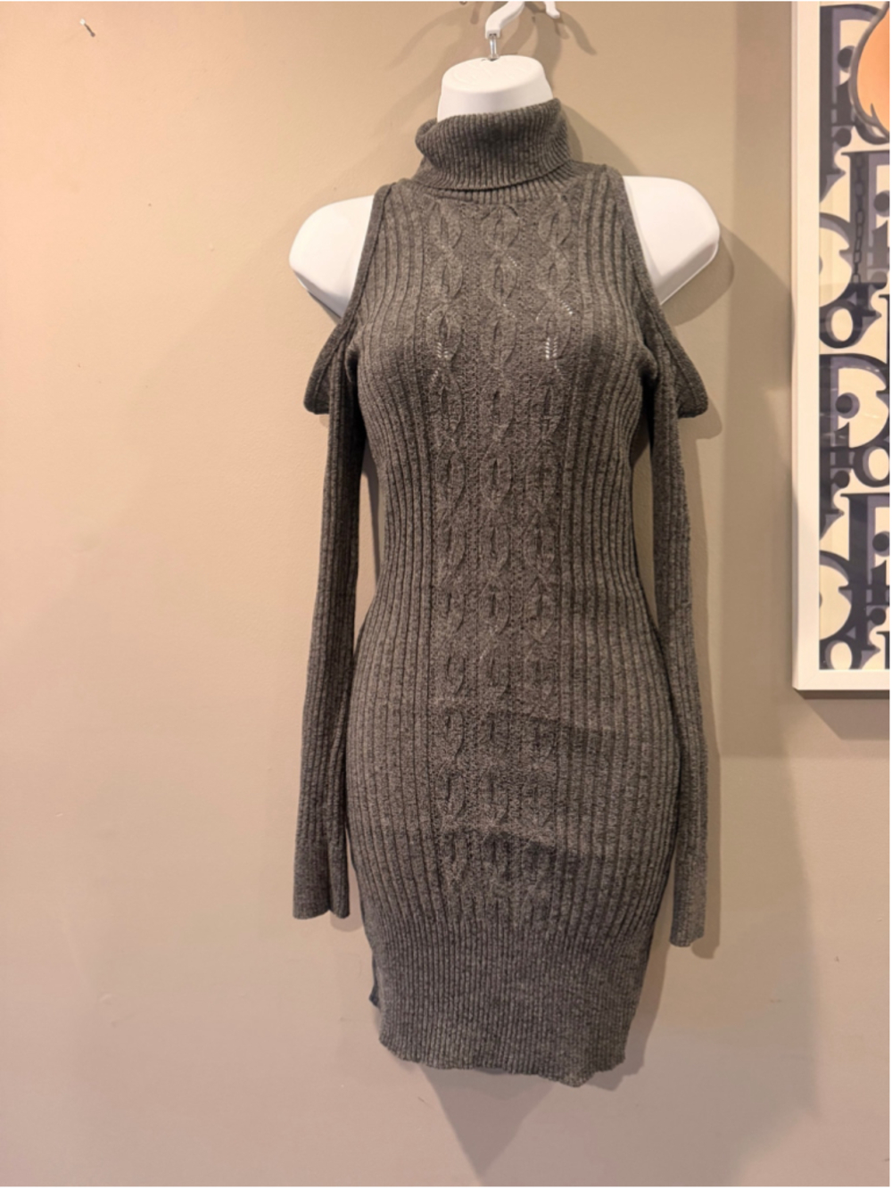 Cherry Knit Women’s Medium Gray Cold Shoulder Turtleneck Sweater Dress - Picture 3 of 7